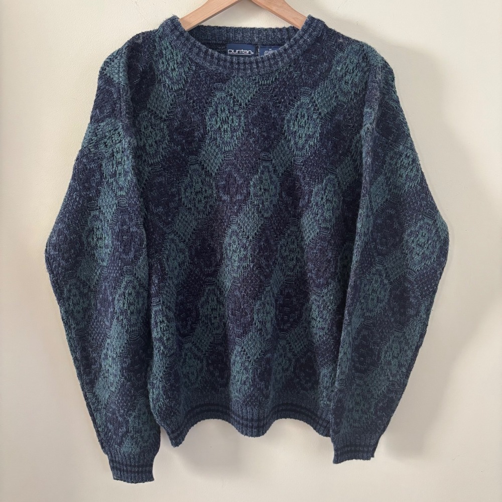 Puritan Vintage Mens Medium Blue Teal Geometric Knit Crewneck Sweater Pullover